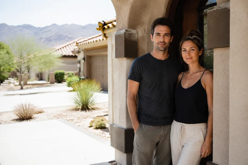 A young couple, one man and one woman, standing in the shaded doorway of a single story Southern Nevada stucco home on a bright afternoon