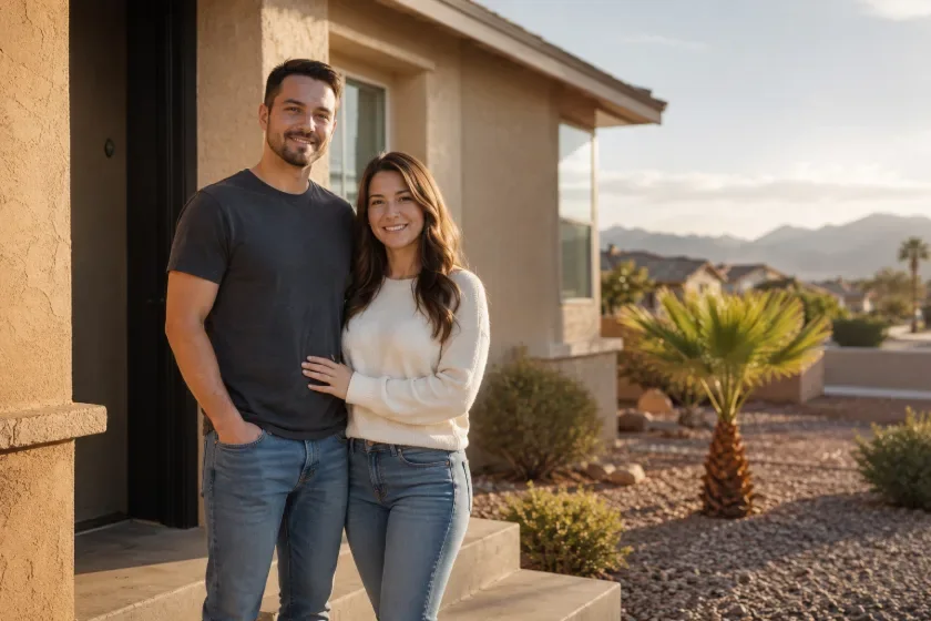 A young couple, one man and one woman, standing together on the front steps of a single story Las Vegas home in late afternoon light