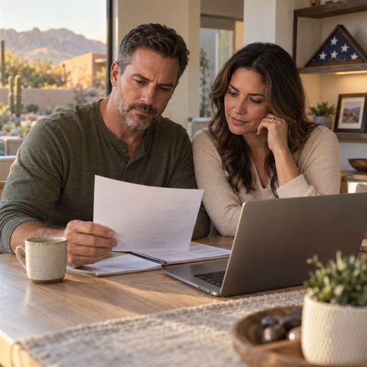 A man and a woman sit at a wooden kitchen table in a desert home, reading a printed statement beside a laptop, with a folded flag in a display case on a shelf behind them