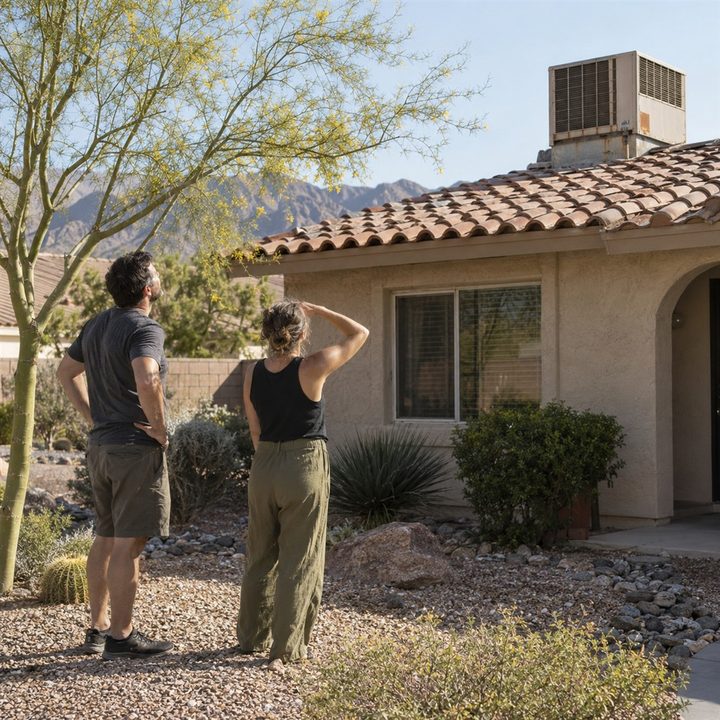 A man and a woman look up at a clay tile roof and a rooftop cooling unit on a single-story stucco home with a desert yard in a Las Vegas neighborhood
