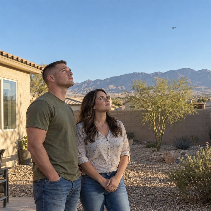 A man and a woman stand in the gravel backyard of a desert stucco home, looking up at a distant jet in a clear blue sky, with mountains on the horizon