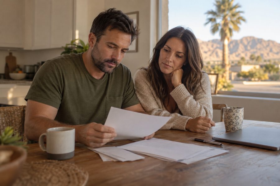 A man and a woman sit at a kitchen table in a Las Vegas home, reading printed letters together, with a laptop and coffee mugs nearby and desert mountains outside the window