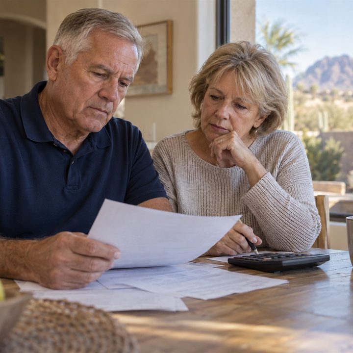 A retired veteran and his wife review paperwork and a calculator at their kitchen table in a Las Vegas home with desert mountains outside the window