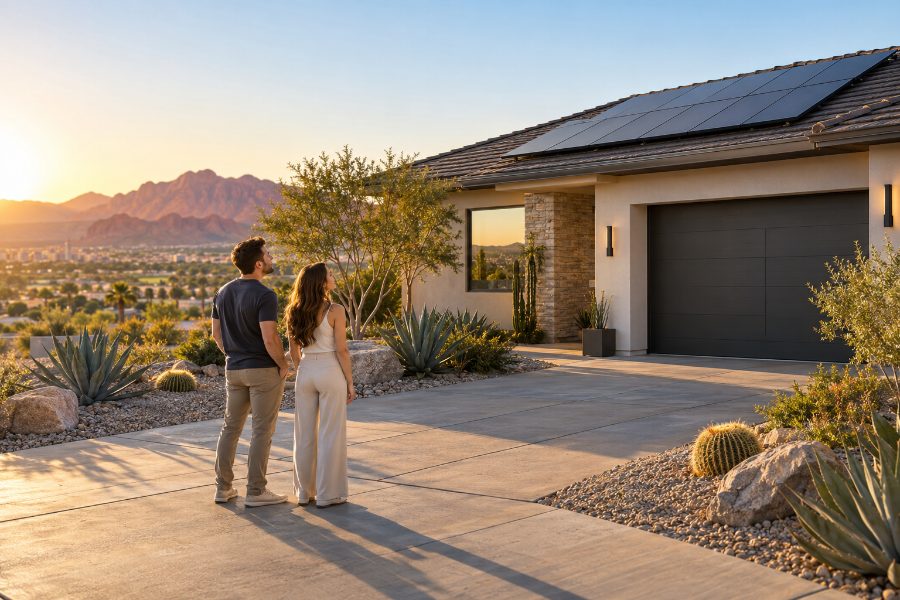 A young couple, one man and one woman, standing on the driveway of a single story desert home in the Las Vegas valley at sunset, looking up at solar panels on the tile roof